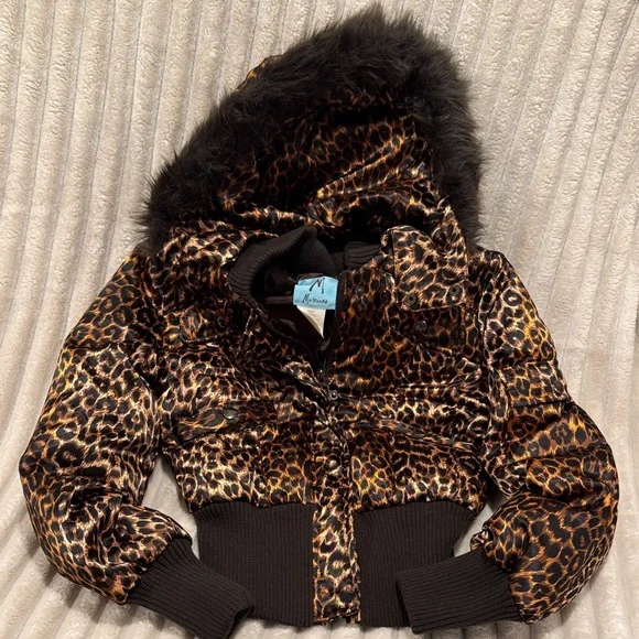 Marciano Leopard Print Puffer Jacket with Black Fur Hood - Picture 1 of 8